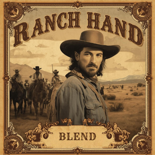 Man in cowboy hat with a desert landscape and text 'Ranch Hand Blend' on a decorative border. Label for Cowboy Capital Roasters Ranch Hand Blend roasted coffee